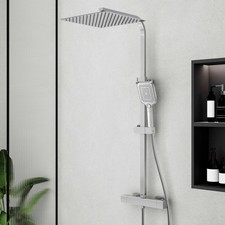 Bathroom Thermostatic Exposed Shower Mixer 12" Rain Head Square Bar Set Chrome
