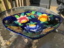 Vintage Maling Pottery Cobalt blue "Peony Rose" floral bowl numbered 6504