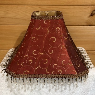 Lamp Shade Red Silk Embroidered Cut Corner Square Bell Beaded Gold Maroon Bead