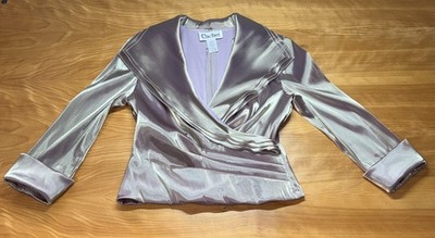 Vintage CACHET  Shimmering Silver Wrap Blouse Women s Size 8 Satin Organza