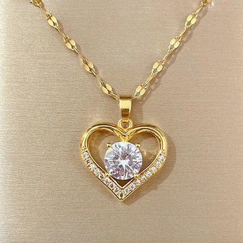 Artificial Gems Heart Pendant Necklace for Women Stainless Steel Fashion Jewelry