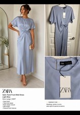 Zara Satin Twist Front Midi Dress Light Blue NWT Size Large