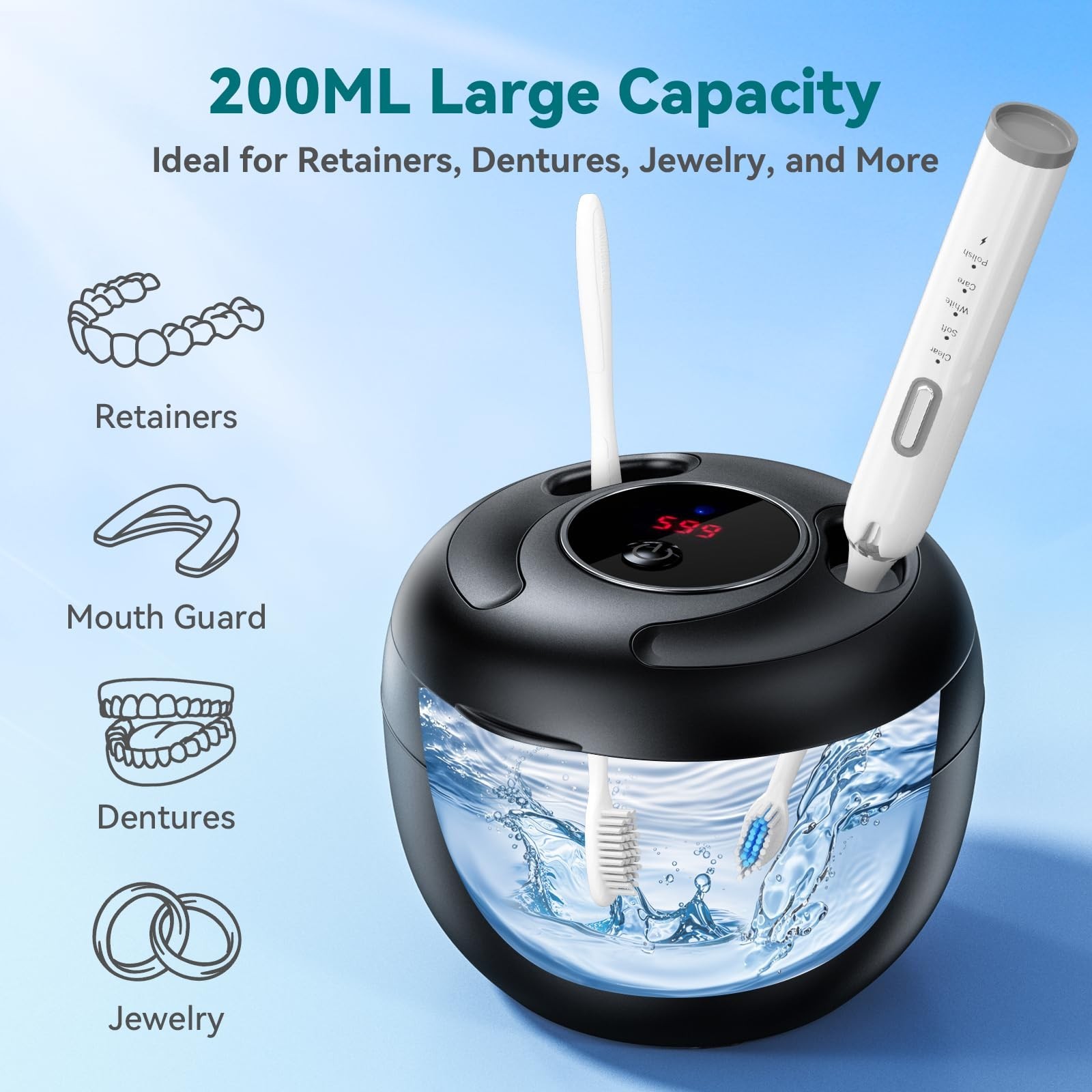 Ultrasonic Retainer Cleaner, 45kHz 4 Modes Digital Timer 200ML Denture Jewelry