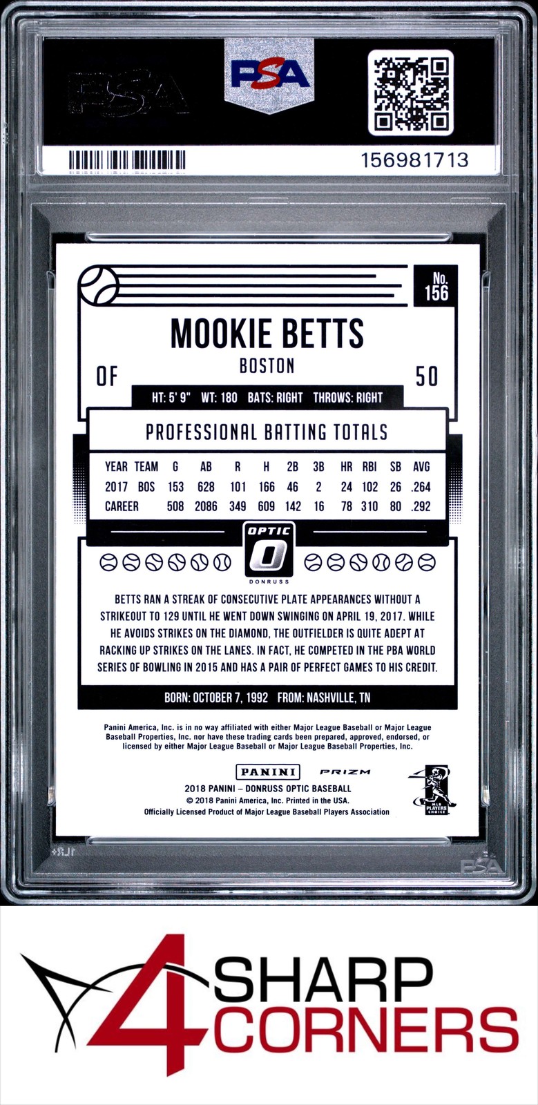 2018 PANINI DONRUSS OPTIC PURPLE #156 MOOKIE BETTS POP 3 PSA 10 view 2