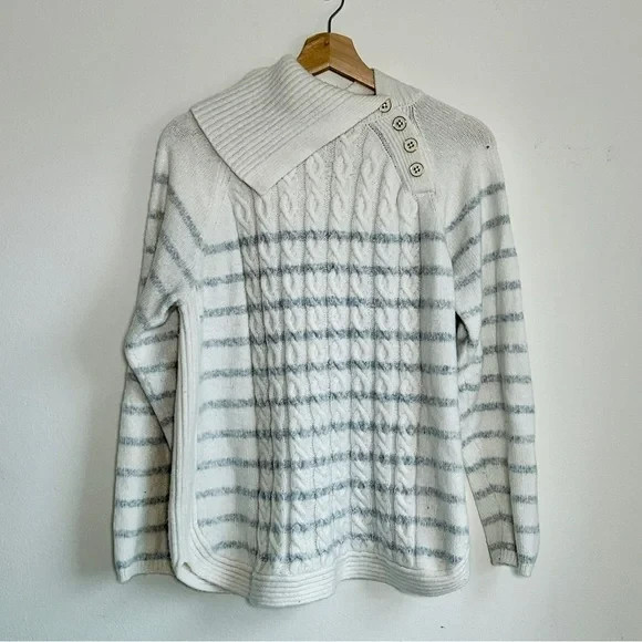 Women's White Stripe Cable Knit Turtleneck Sweater I Asymmetrical Neck I XXL