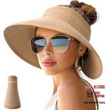 NPJY Sun Hats for Women Wide Brim Roll-Up Beach Ponytail Khaki 1 Pack Classic 