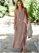 Women’s Taupe Solid V-Neck Sleeveless Maxi Dress Linen Long Length Regular S
