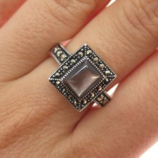 925 Sterling Silver Vintage Real Abalone Shell  Marcasite Oxidized Ring Size 8