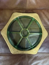 Vintage Hexagonal Uranium glass gold trim 6 sections chip and dip plate GLOWS