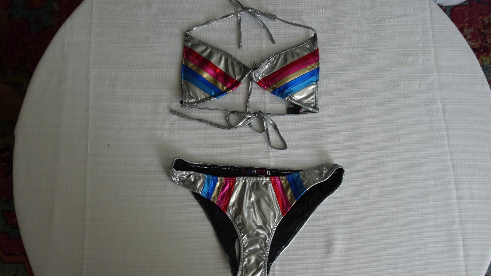 FTHER11  metallic bikini set, swimsuit women's medium with multicolor stripes