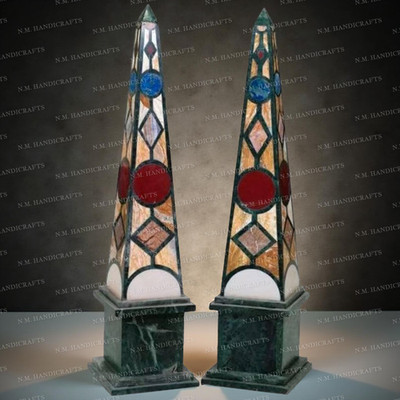 12'' two pcs Marble Obelisk gemstone inlaid home decor art & collectibles