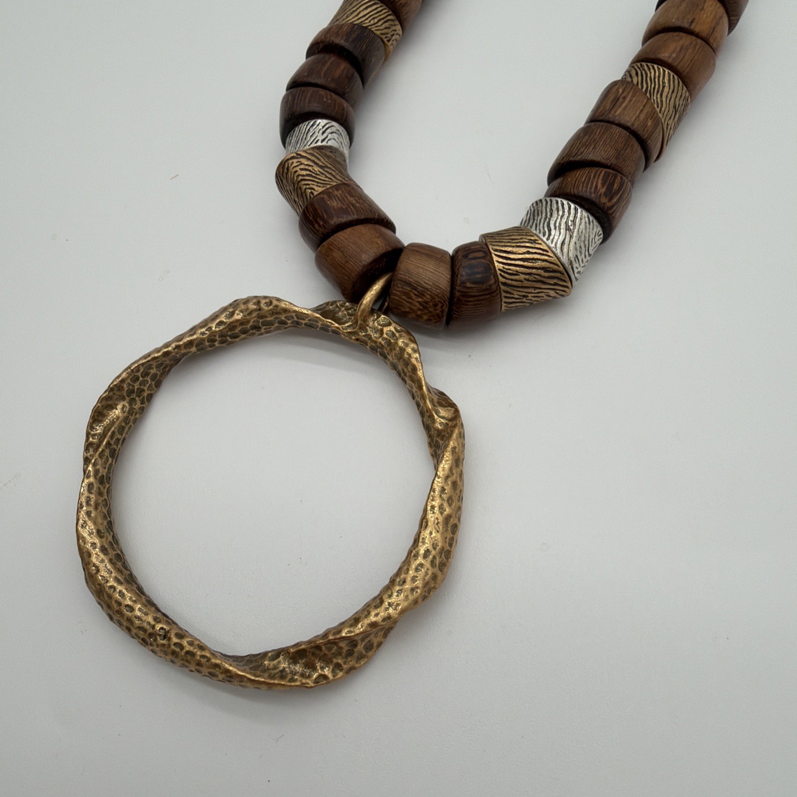 Chico's Necklace Wood Beaded Gold Tone Hoop Pendant Statement Womens Jewelry