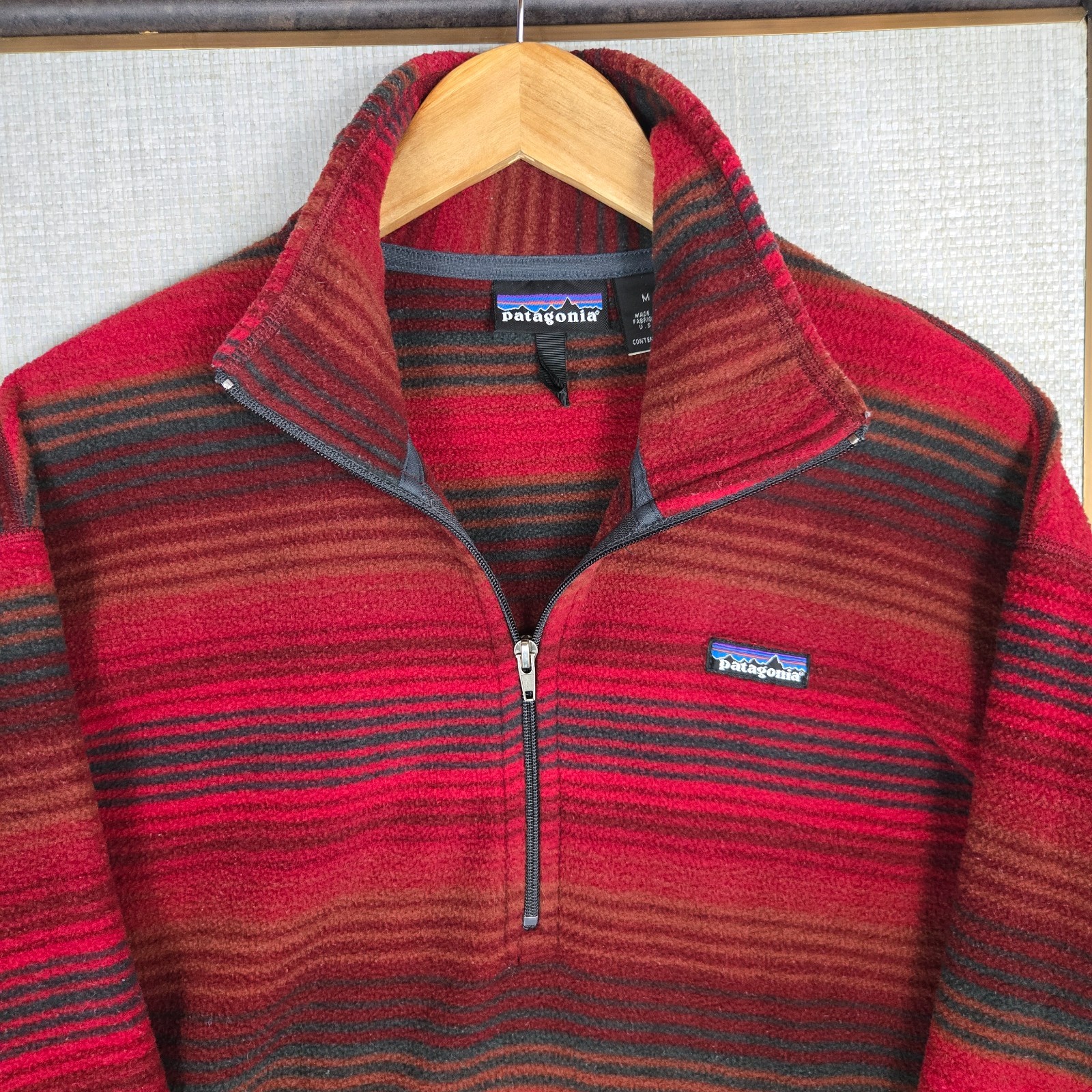 PATAGONIA VTG 1999 Mens Medium Made in USA Red Serape Stripe Fleece 1/4 Zip image 3