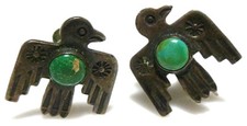 FRED HARVEY ERA STERLING SILVER THUNDERBIRD BIRD TURQUOISE SCREWBACK EARRINGS