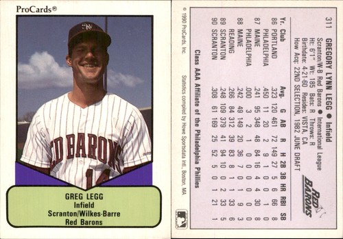 Greg Legg 1990 ProCards AAA #311 RC Card Scranton/Wilkes-Barre Red Barons - 第 1/1 張圖片