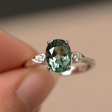 Oval Cut Lab created Green Sapphire Ring silver Engagement gems Ring for women
