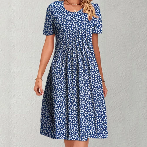 Womens Floral Short Sleeve Midi Dress Ladies Casual Summer Pleated Holiday Dress - Bild 10 von 24