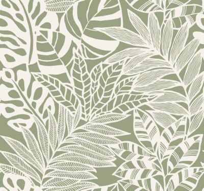 Wallpaper Modern White Palm Leaves on Green Background, 60 sq ft Bolt