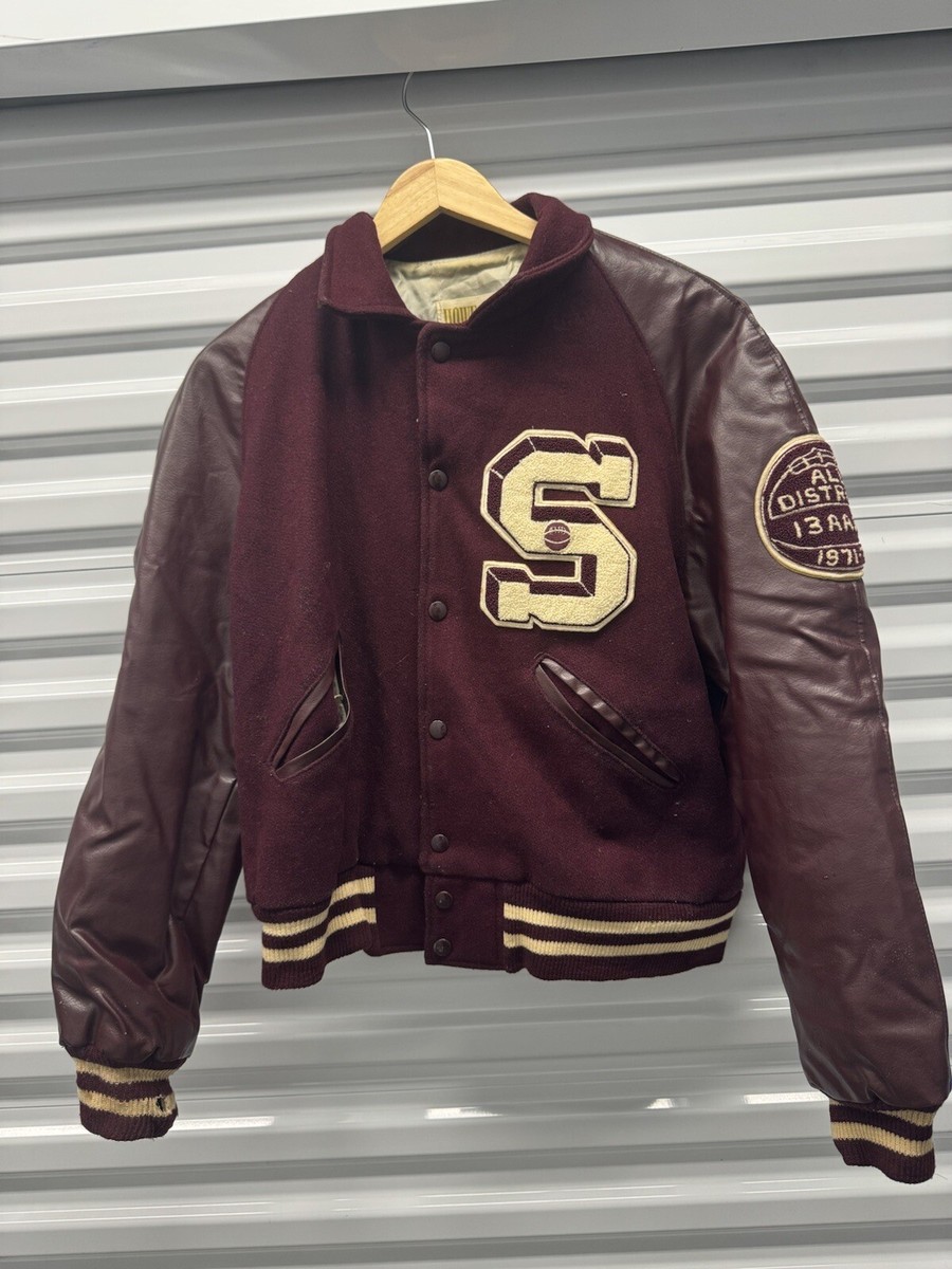 Vibtsge 1970s Varsity Letterman Leather Jacket Maroon All District
