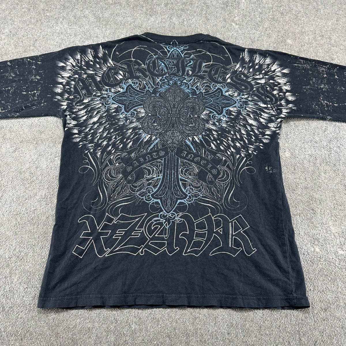 VINTAGE XZAVIER Shirt Mens XL Black Wings Cross Cyber Skater Emo