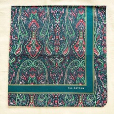Vintage Men Bandana Green Cotton Paisley Damask Floral Handkerchief Kerchief 20"