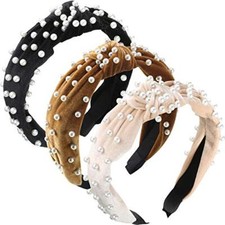 3 Pieces Pearls Headband Knotted Headband for Women Velvet Pearls Headband
