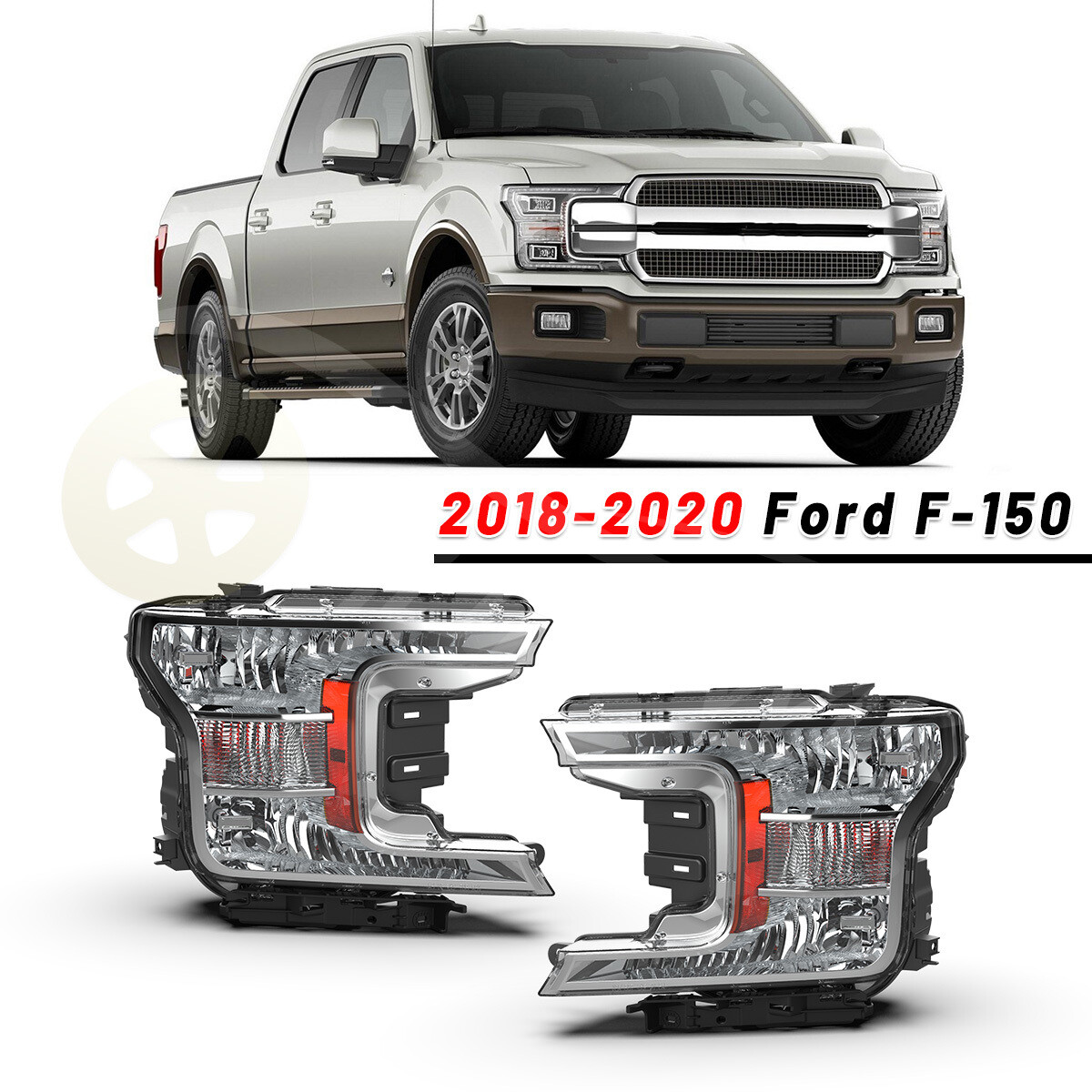 Pair Halogen Headlights For 2018-2020 Ford F150 – Chrome Housing, Clear Lens – Pxsunauto