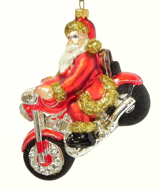 Santa Claus Riding His Motorcycle Large Blown Glass Ornament Handmade