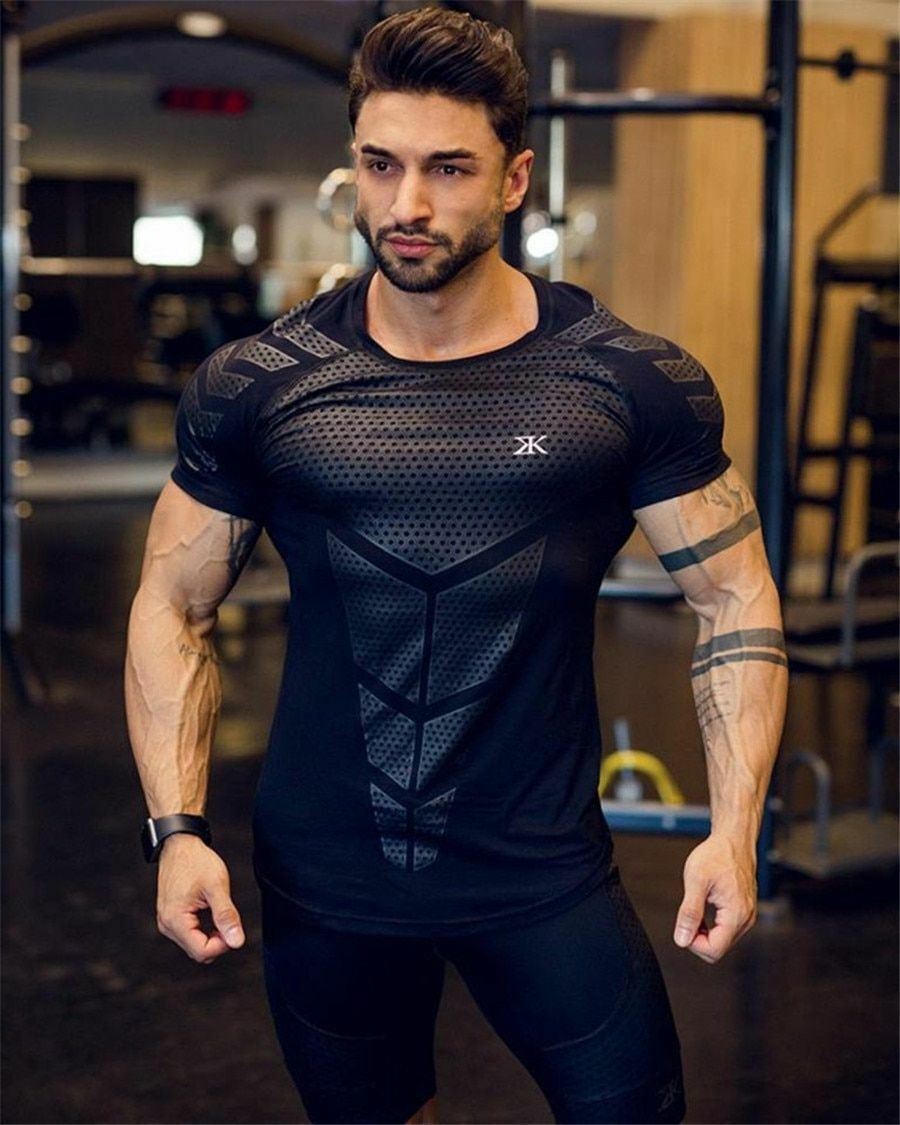 T-shirt Men MUSCLE HUGGING Quick Dry Sports Shirts Running Gym Fitness  Workout