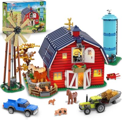 1405 PCS Farm Barn Building Set with Light, Western Farm House Building Block