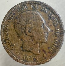 1878 Spanish Coin 5 Centimos  King Alfonso XII Spain Coat Of Arms