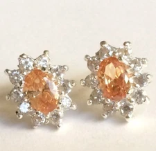 Sterling Silver Topaz Halo Earrings Peach Cubic Zirconia Princess Post Studs 925
