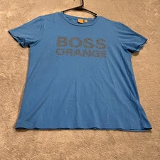 Hugo Boss Orange Shirt Mens Medium Blue Graphic Logo Tee T-Shirt Crewneck