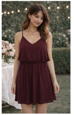 Burgundy Chiffon Mini Dress Spaghetti Strap Keyhole Back Flowy Party Dress NWT S