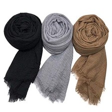 Summer Cotton Blend Crinkle Vintage Soft Scarf with Fringed Black/Gray/Brown