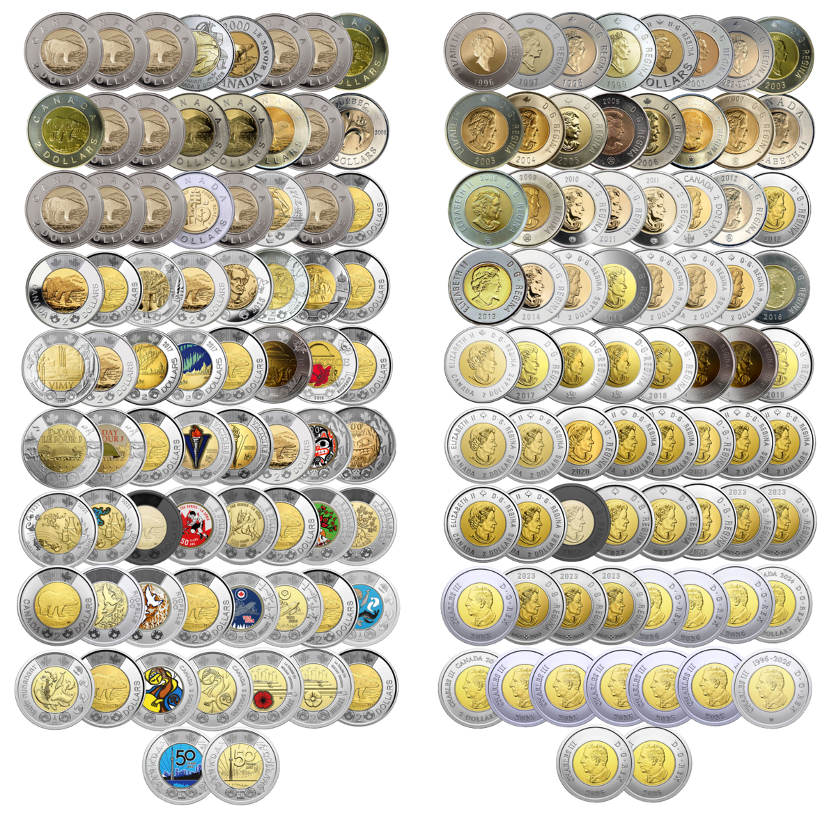 🇨🇦 Full Set Canada $2 Dollar Toonie Collection 73 coins, 1996
