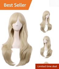 Long 28 Inch Curly Blonde Wig with Side Bangs - Perfect for Cosplay Adventures