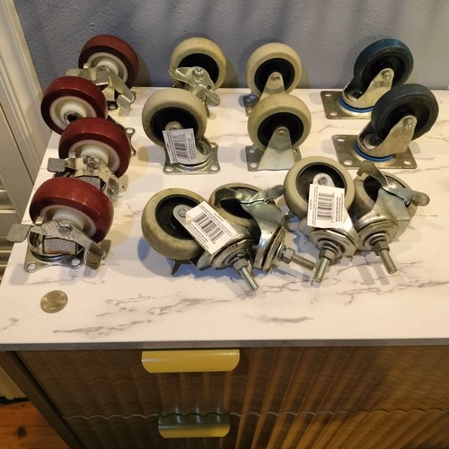 Lot of 14 Heavy Duty Casters - Swivel, Locking, Plate & Stem - Red Poly & Nylon