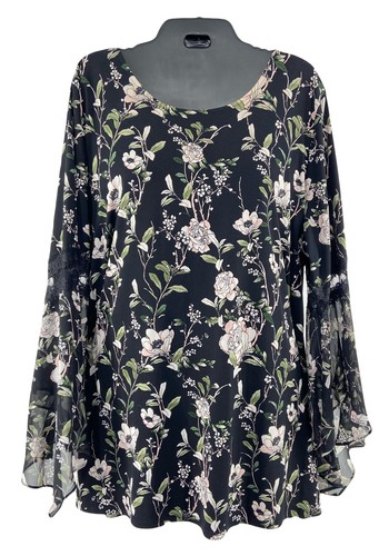 Top tunica donna Alfani nero floreale elasticizzato drammatico maniche lunghe taglia XXL - Foto 2 di 6