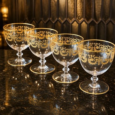 Set Of 4 Baccarat crystal gilded water goblet in the Flora pattern. Signed