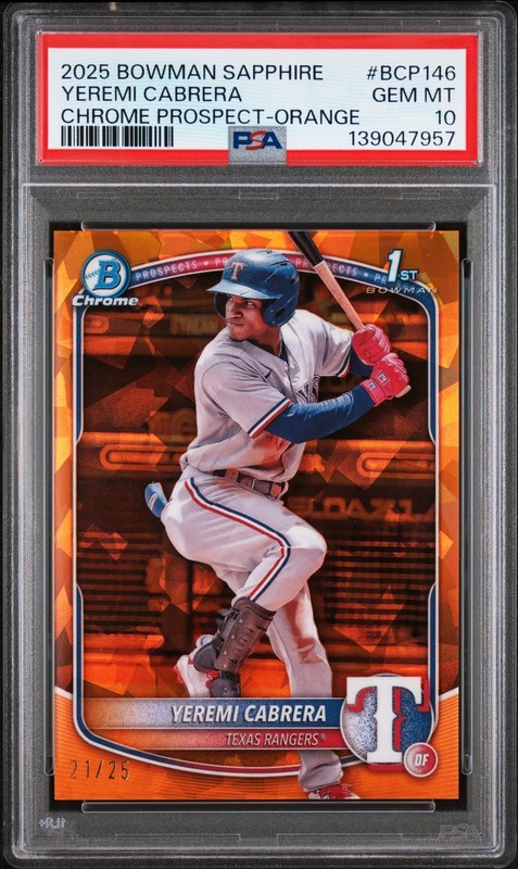 2025 Bowman Sapphire Edition Chrome Prospects Yeremi Cabrera Orange #BCP146 PSA