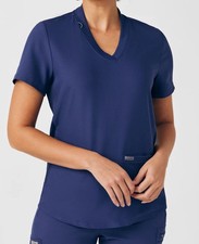 Landau Women's 3-Pocket V-Neck Rib Knit Scrub Top LT100 - Navy Blue - XXS