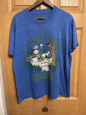 Vintage 80s I Live for Fishing T-Shirt Funny Cartoon Single Stitch. Soft