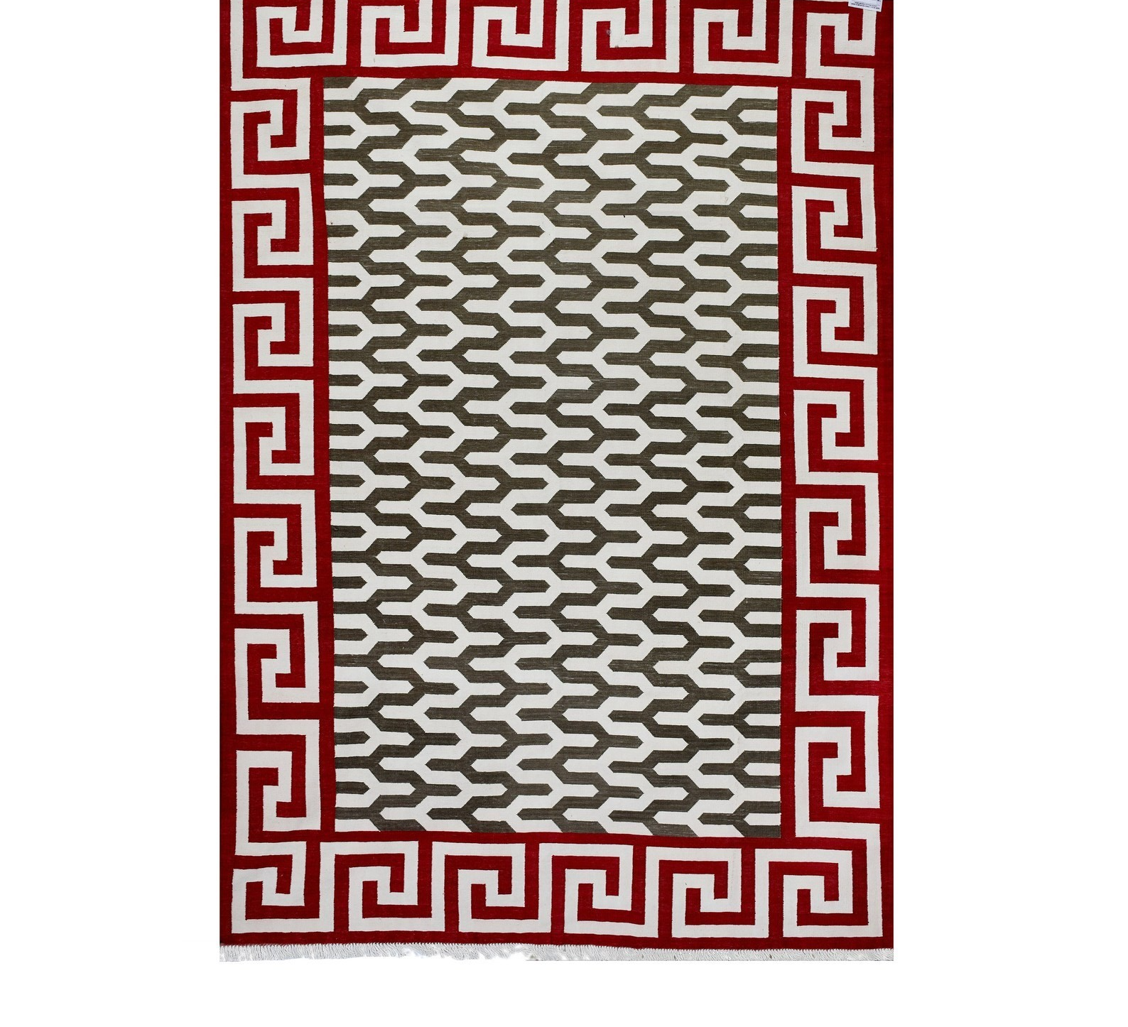 Hand Knotted Cotton Dhurrie Rug Color Red and Gray Handmade Design Carpet Rug