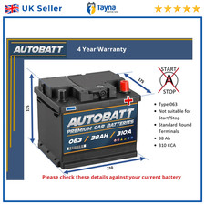 Car Battery 063 Autobatt 063 310A 38Ah 4Yr Warranty 210x175x175