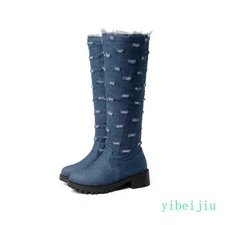 Women's Knee High Ripped Hole Platform Boots Denim Jeans Riding Shoes Vintage SZ
