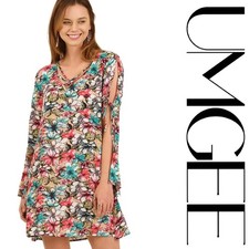 NWT S UMGEE TAUPE Retro Floral Open Tie Sleeve X Straps front Dress/Tunic BHCS