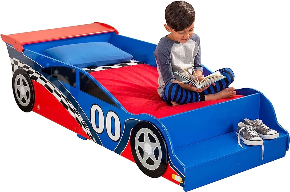Wooden Kids Bed Racecar Toddler Bed Built-in Bench & Bed Rails Red & Blue NEW - Image 2 of 4