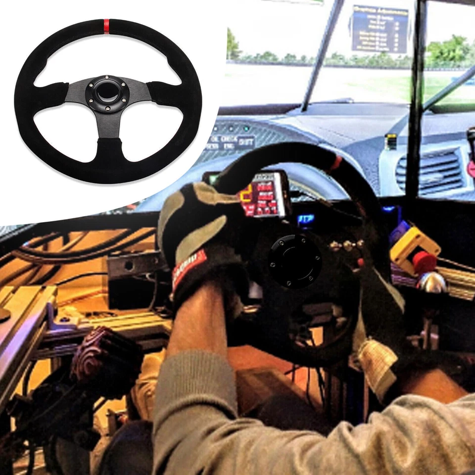 Volante plano de cuero gamuza rojo de carreras de 14 pulgadas 350 mm con botón de bocina⭐⭐⭐⭐⭐⭐⭐ Foto 2 de 4