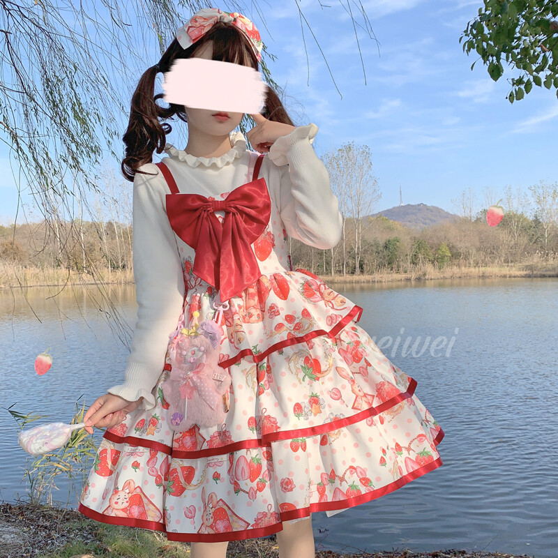 Japanese women kawaii Lolita strawberry dress cute jsk suspender dress  spring | eBay